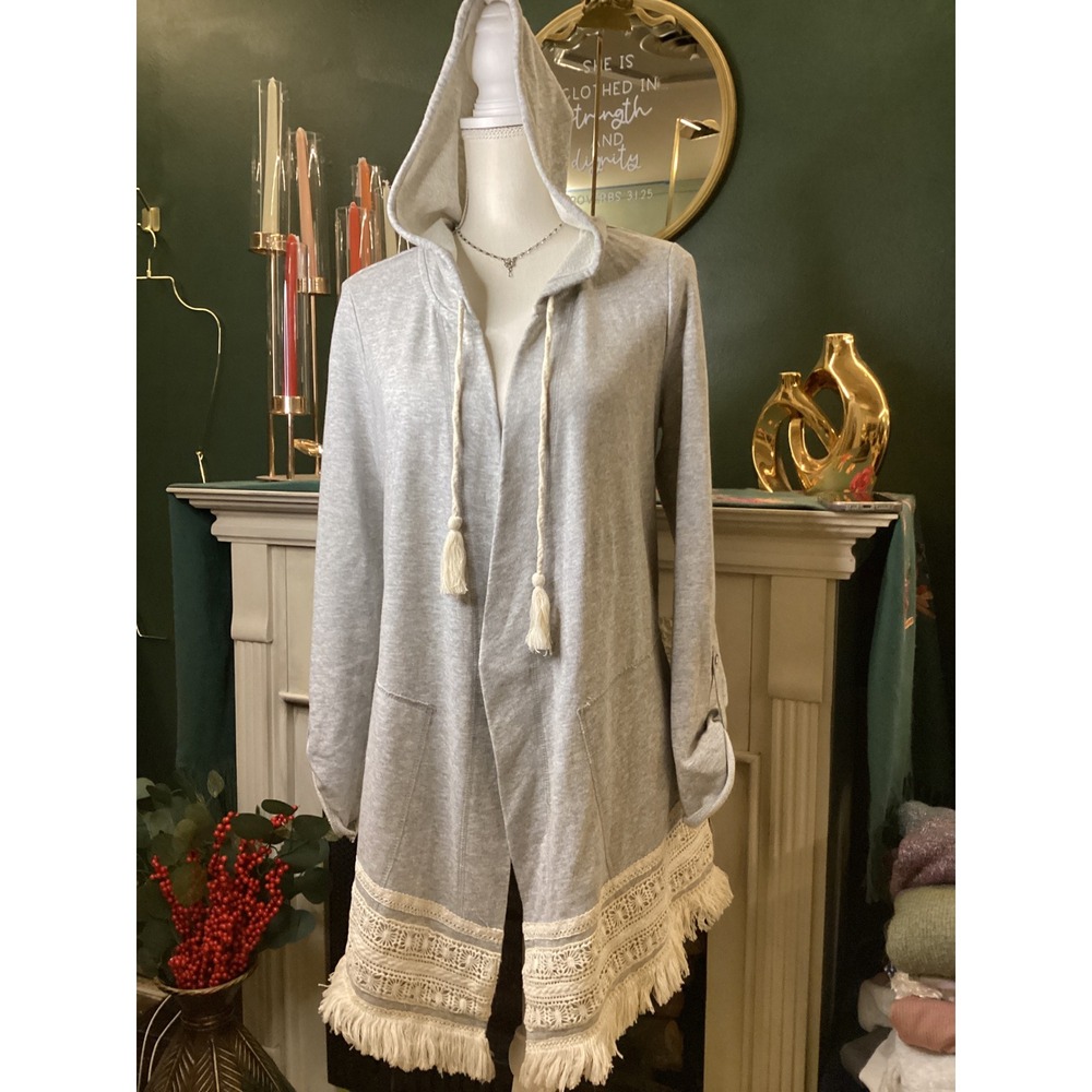Democracy Boho Hoodie Cardigan M Gray Crochet‎ Lace Fringe